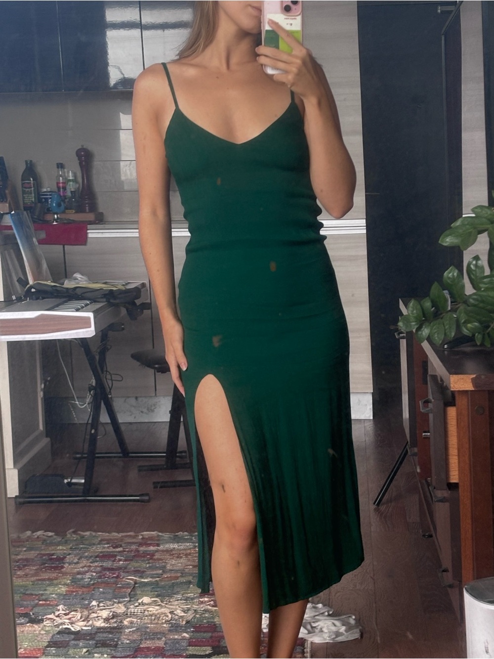 Reformation Emerald Green Slip Midi Dress with Thigh Slit